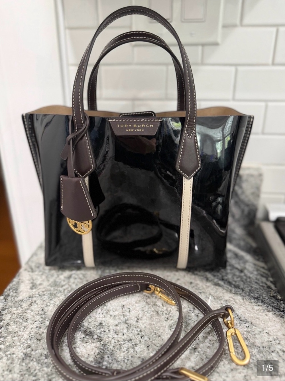 Tory Burch Small Perry Black Patent Tote Like New